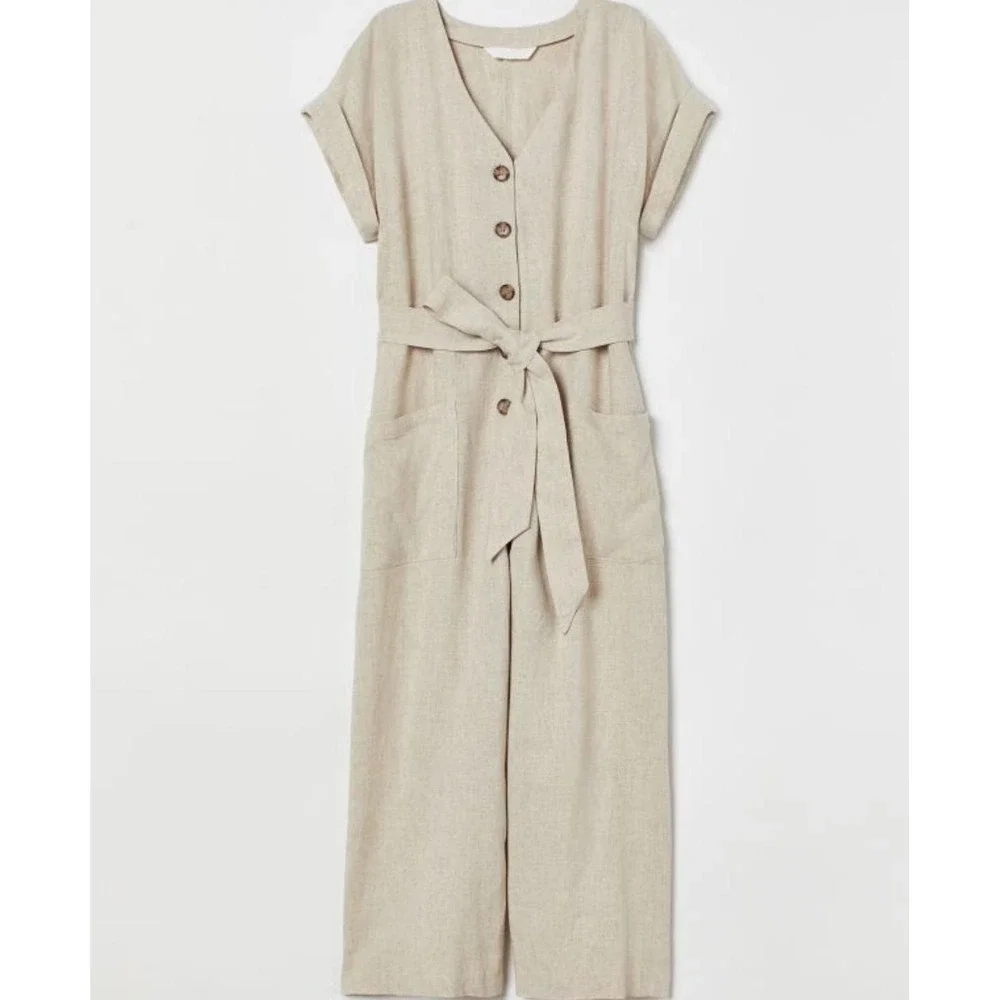 NWT H&M Linen Jumpsuit Sz XL Preppy Resortwear Vacation Cottagecore Momcore